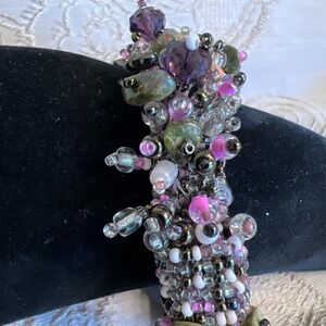 Vintage Czech Beads In Pink Green Purple Magnetic Clasp Bracelet 7 In